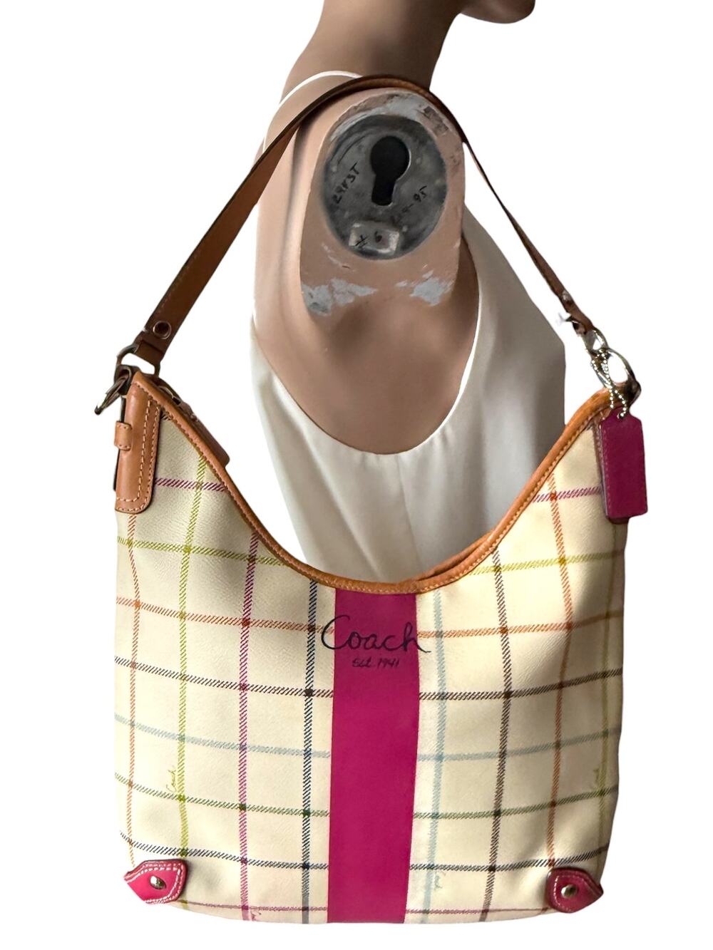 COACH F14789 Plaid Tattersall Heritage Stripe Hobo Shoulder Handbag Hangtag